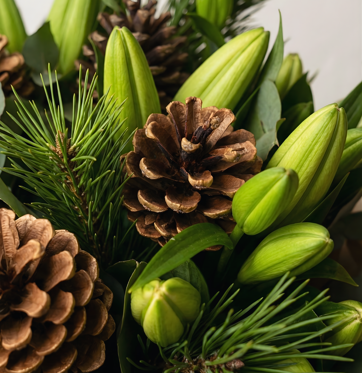 Fresh green floral arrangement with pine cones and lilies