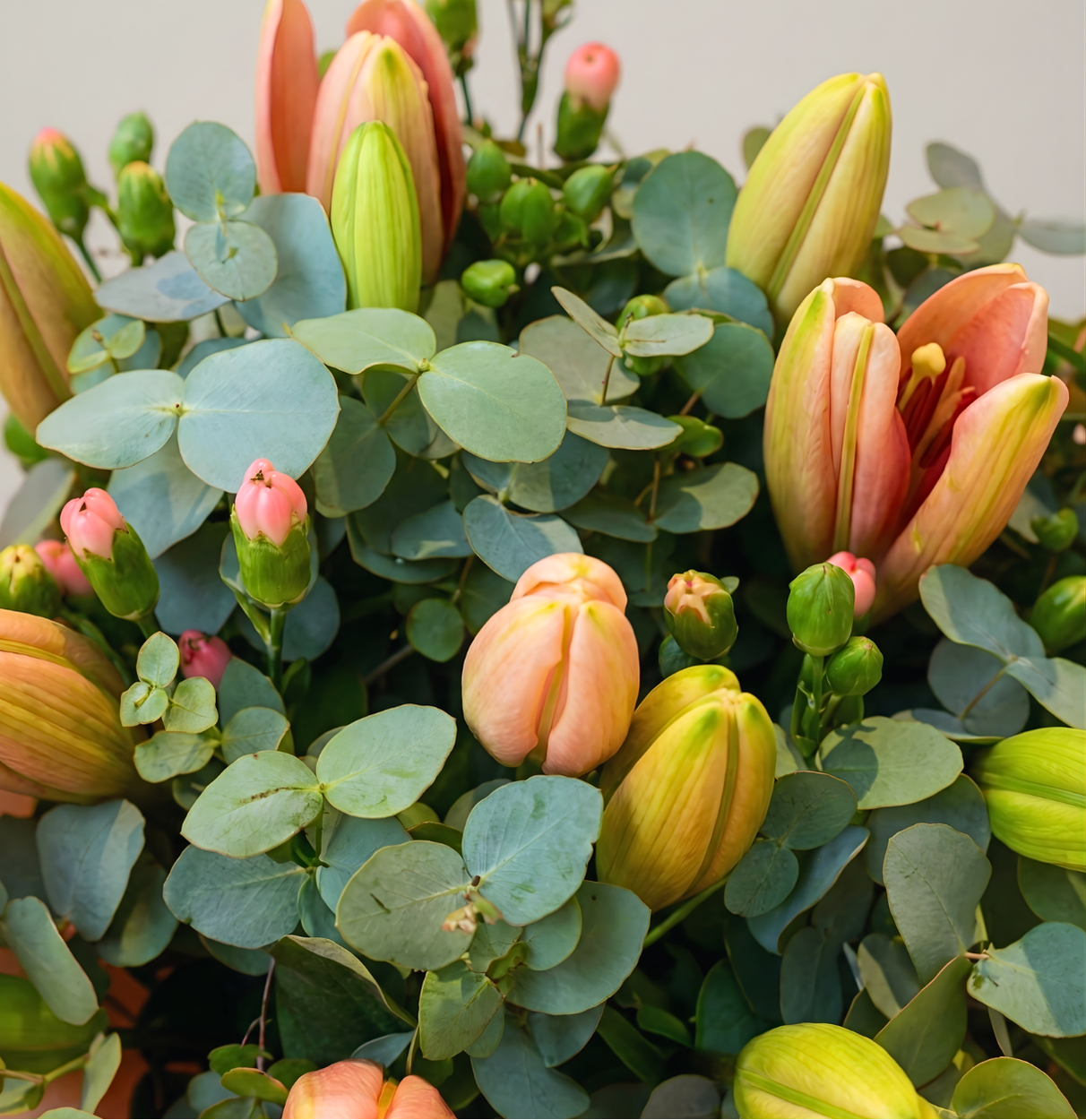 Warm bouquet with tulips, eucalyptus and tropical flowers